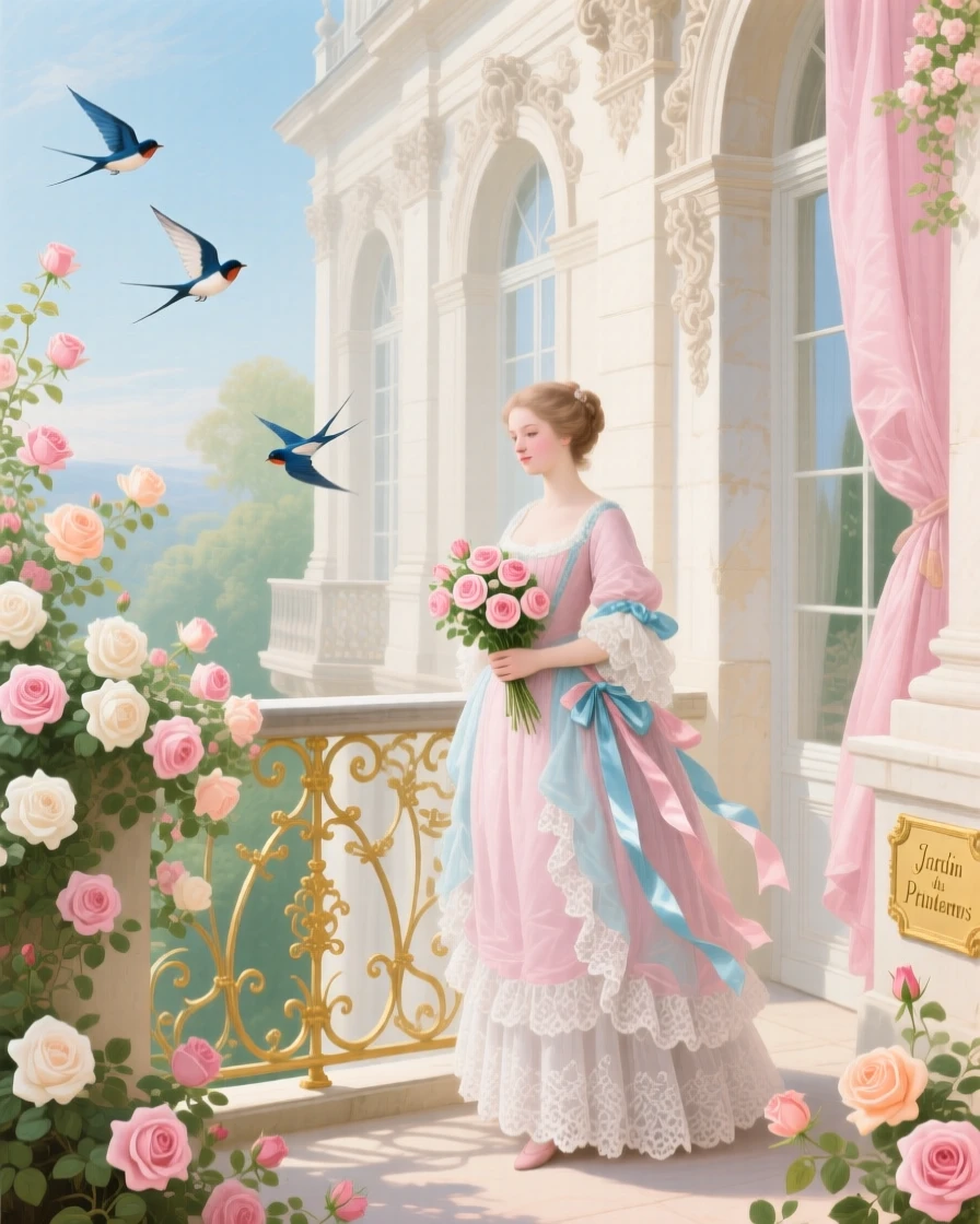 A spring palace balcony overflowing with roses and fluttering swallows  