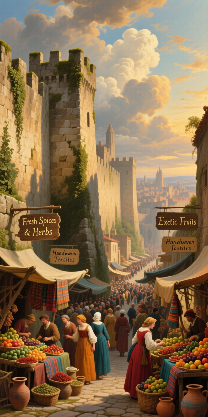 An ancient city wall encircles narrow streets and bustling marketplaces.