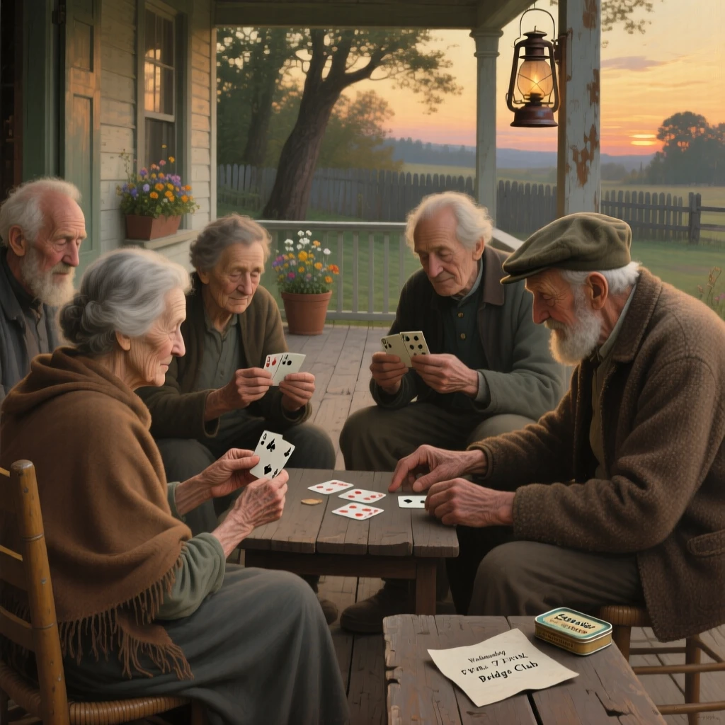 A group of elderly friends playing cards together on a porch at dusk, their hands shown in careful, expressive detail, radiating authenticity and heartfelt sincerity