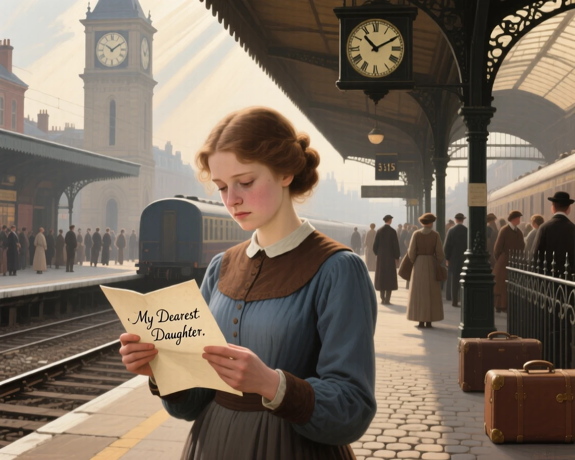A daughter reading a final letter from her departed father in a gesture that speaks louder than words, set at a crowded railway platform beneath a clock tower, with distant figures watching quietly from a respectful distance; diagonal light spills across the reunited figures, isolating them from the crowd, capturing love that has endured distance and time.