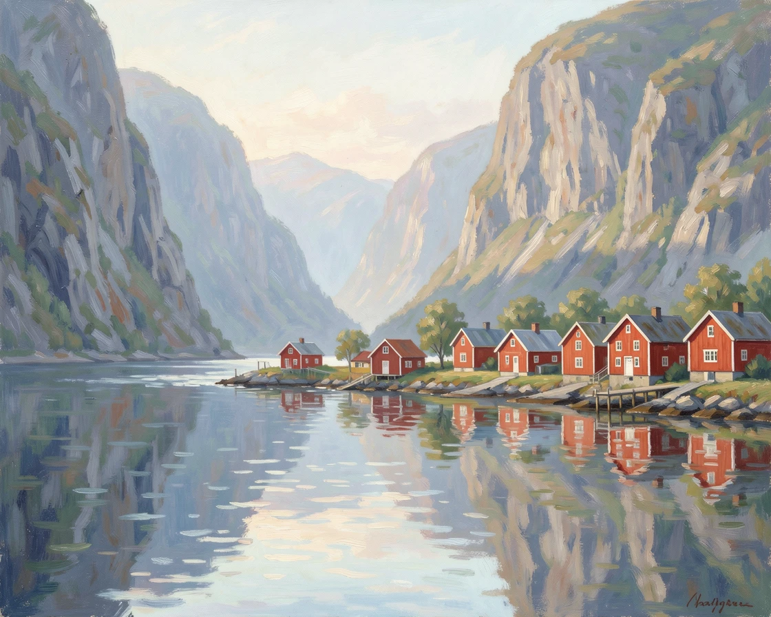 A quiet fjord village in Norway with red wooden houses reflected in glassy water beneath towering cliffs.