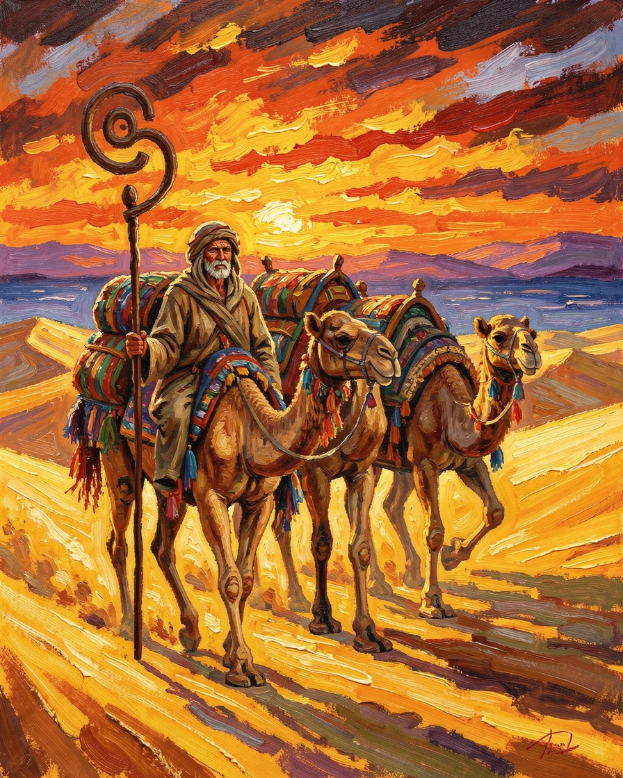 A weathered nomad leading a camel caravan across golden dunes at sunset.