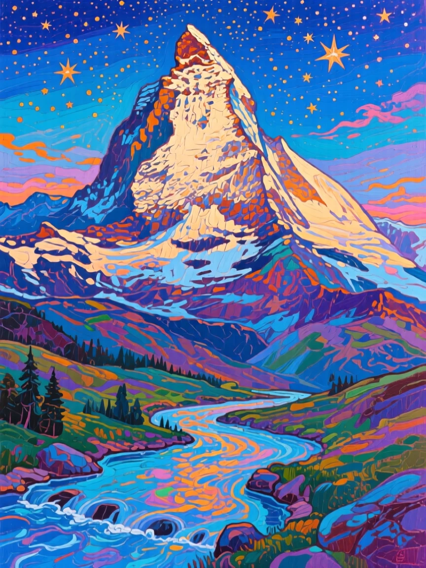The Matterhorn's sharp peak catching first light, under a blanket of stars, a river winding through the foreground