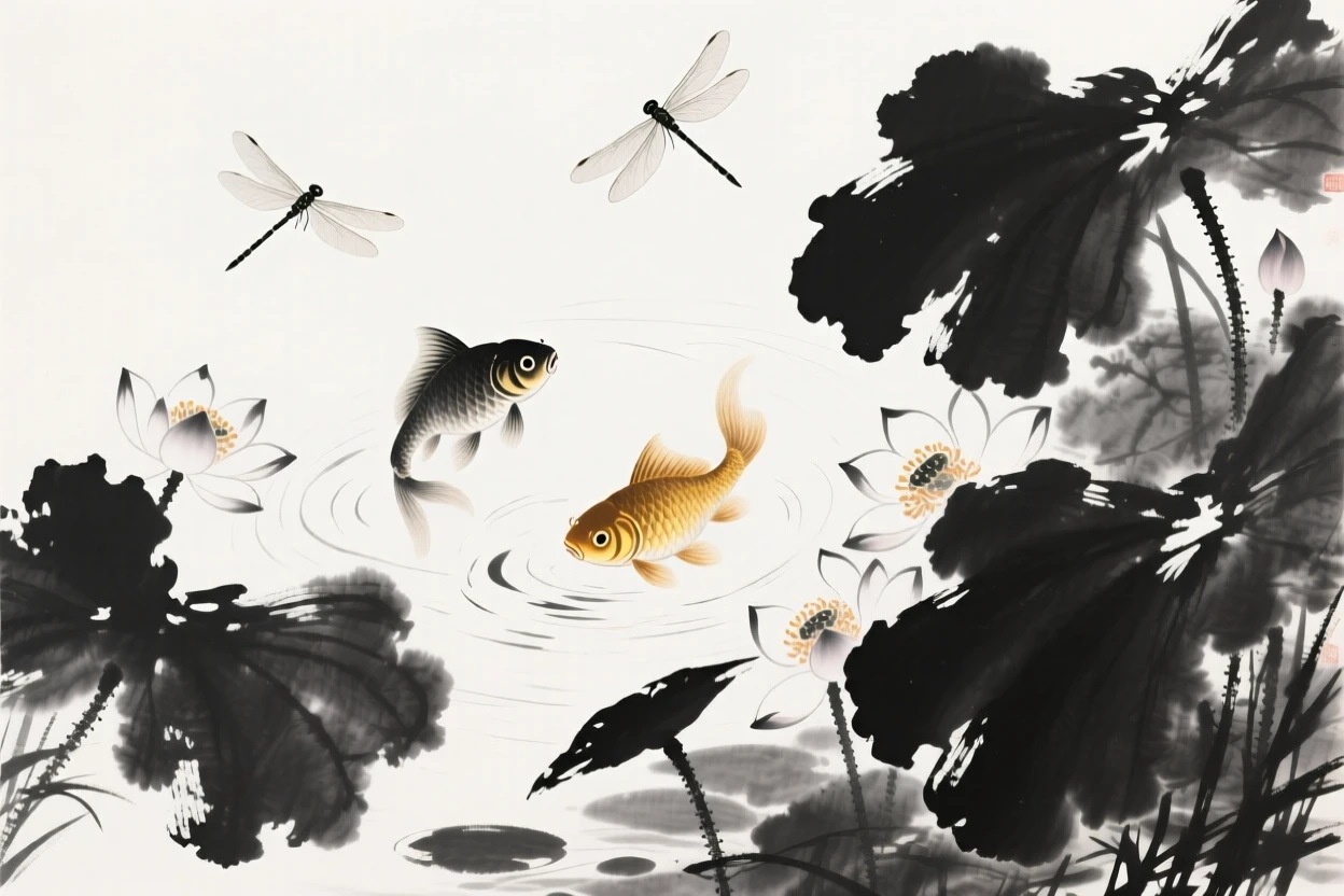Two goldfish circle slowly around a cluster of water lilies, while dragonflies hover just above the water.