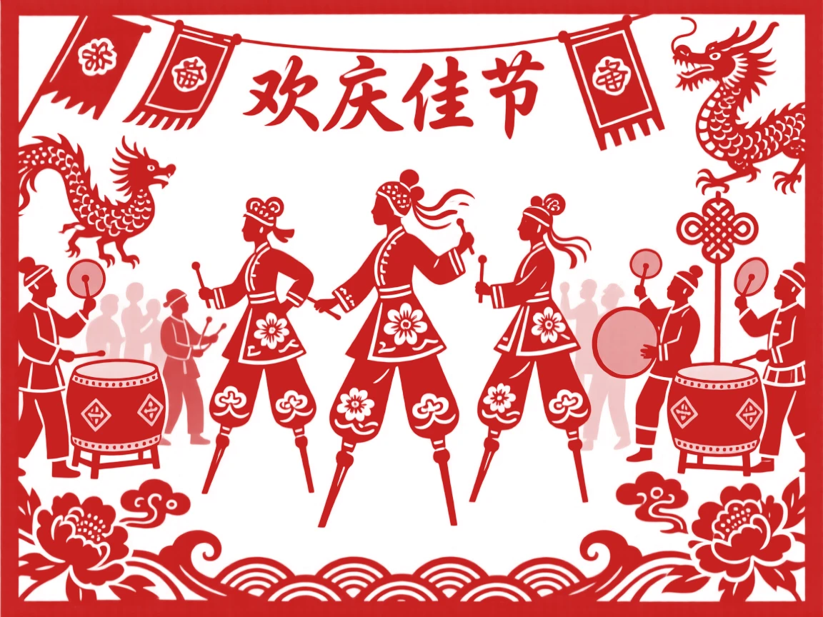 A stilt-walking troupe parading through a festival crowd in painted costumes, drummers and cymbal players marching alongside, banners fluttering overhead