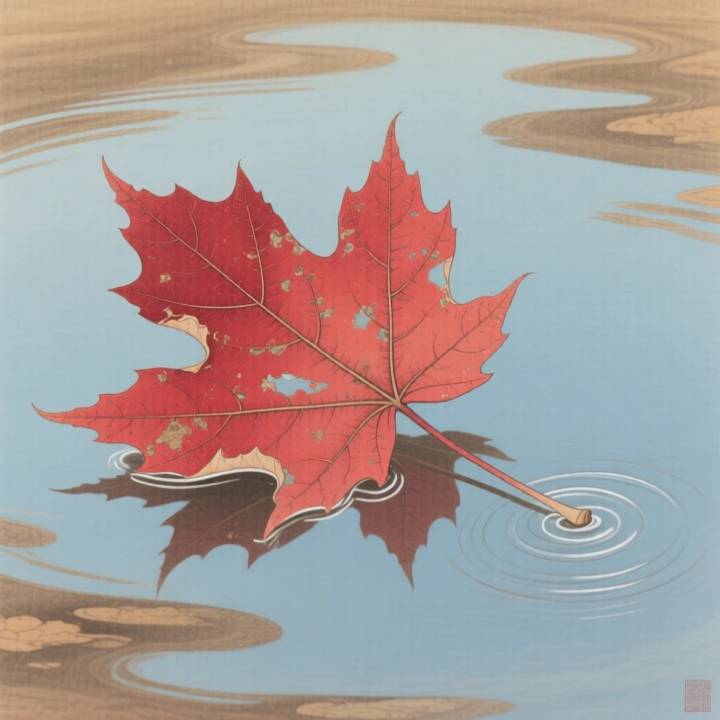 A single red maple leaf floating on a still autumn pond