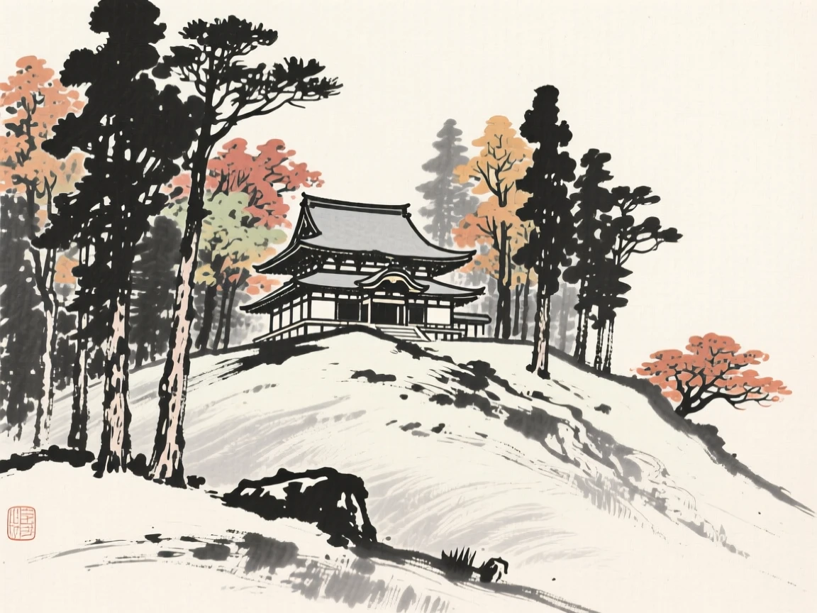 A hillside monastery framed by tall autumn trees, viewed from below to emphasize its quiet grandeur, capturing a serene blend of nature and human presence.