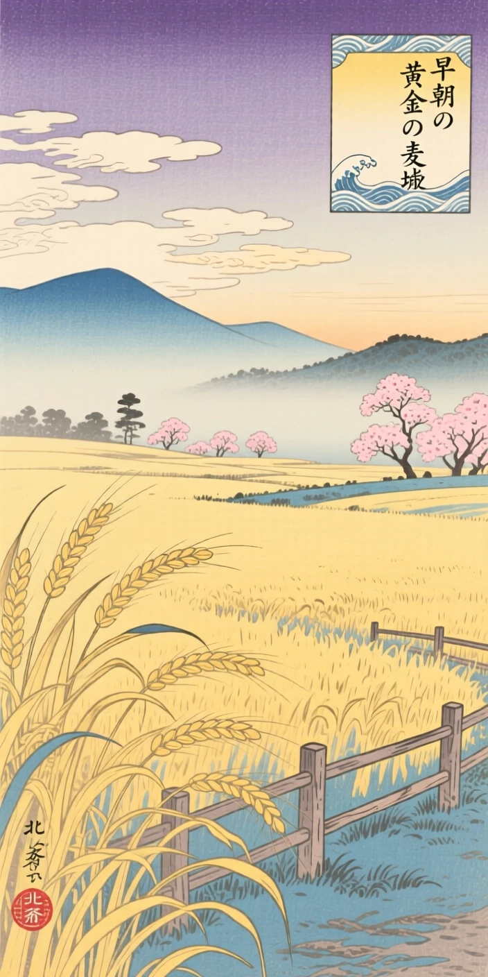 A golden wheat field swaying in the wind in the stillness of early morning.