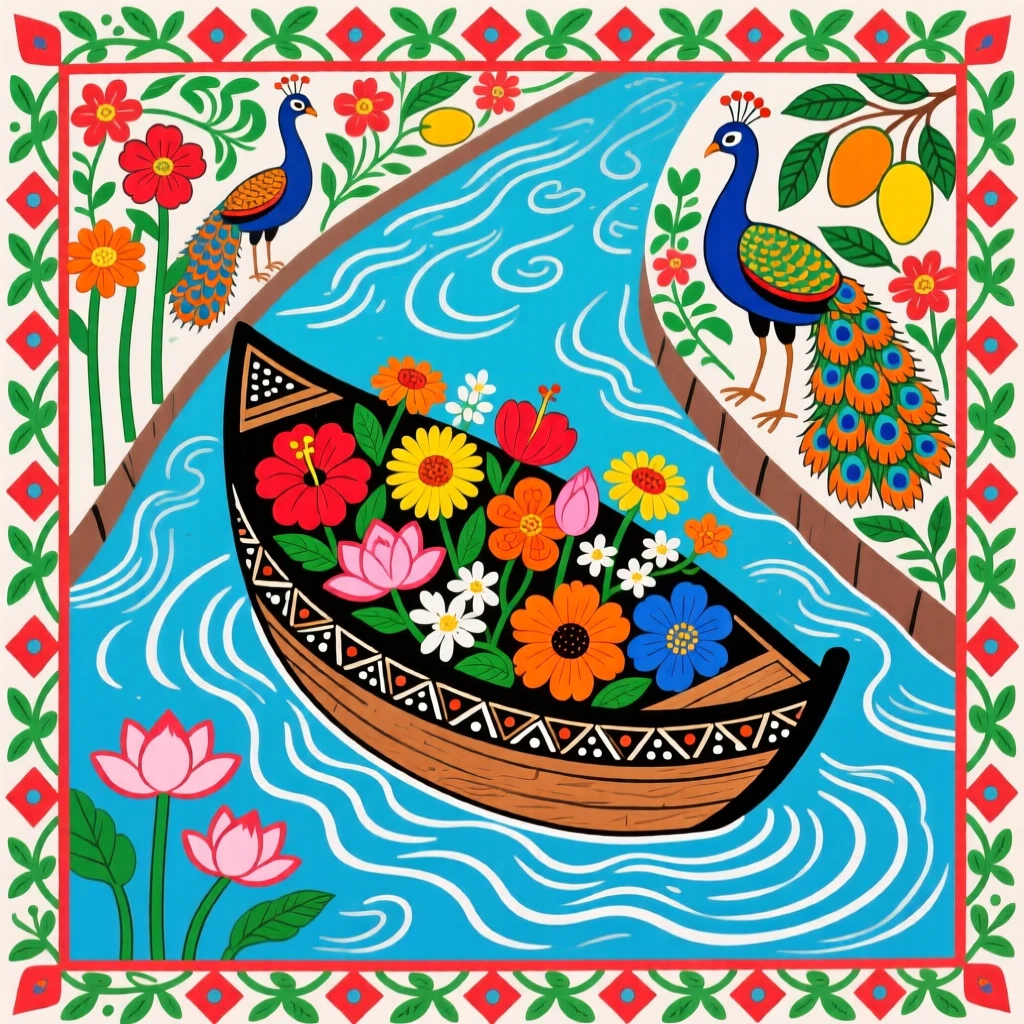 A small boat carrying flowers drifting along a quiet canal.