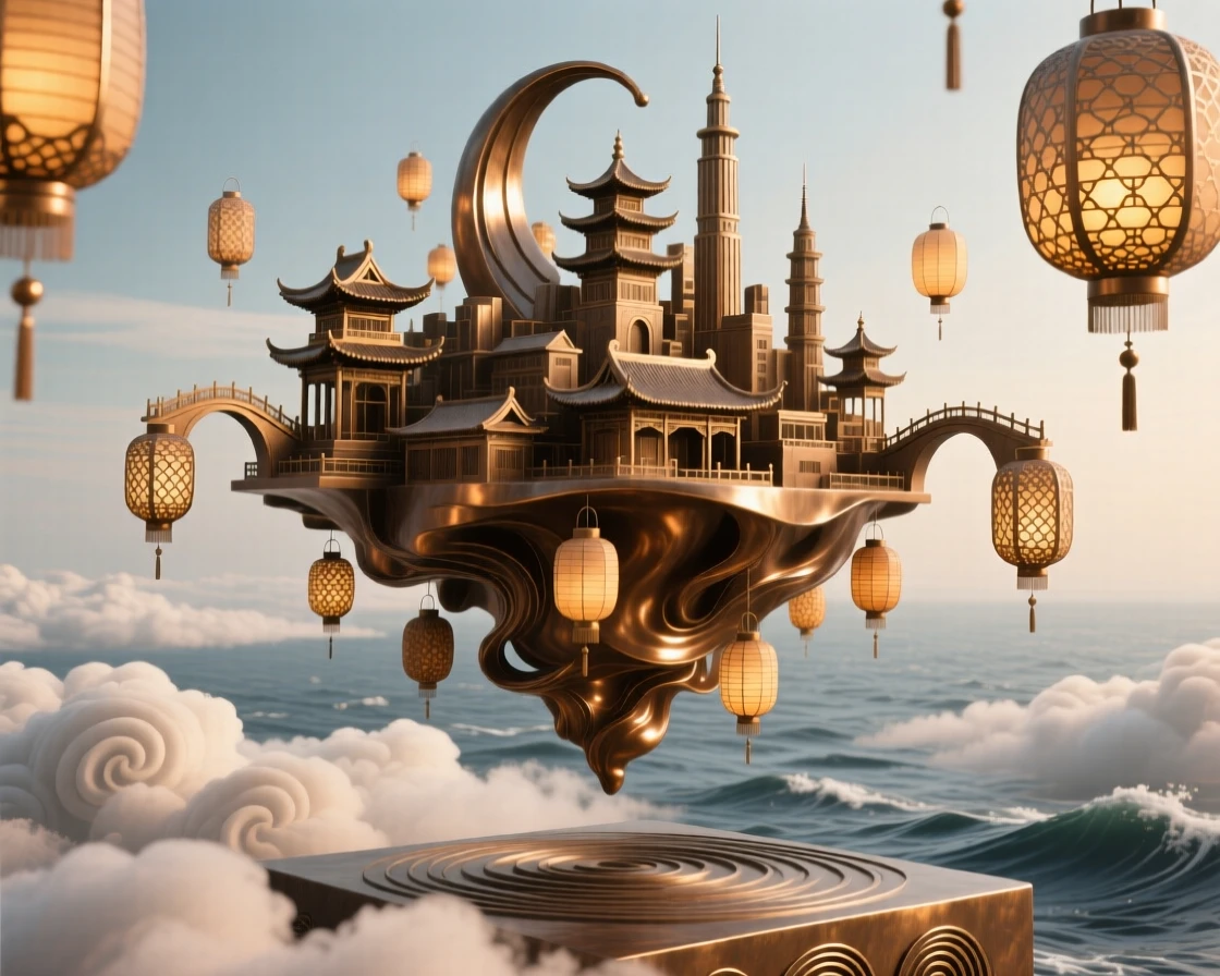 A floating lantern city drifting above an ocean of clouds, set against a surreal, otherworldly sky, transporting the viewer to another world