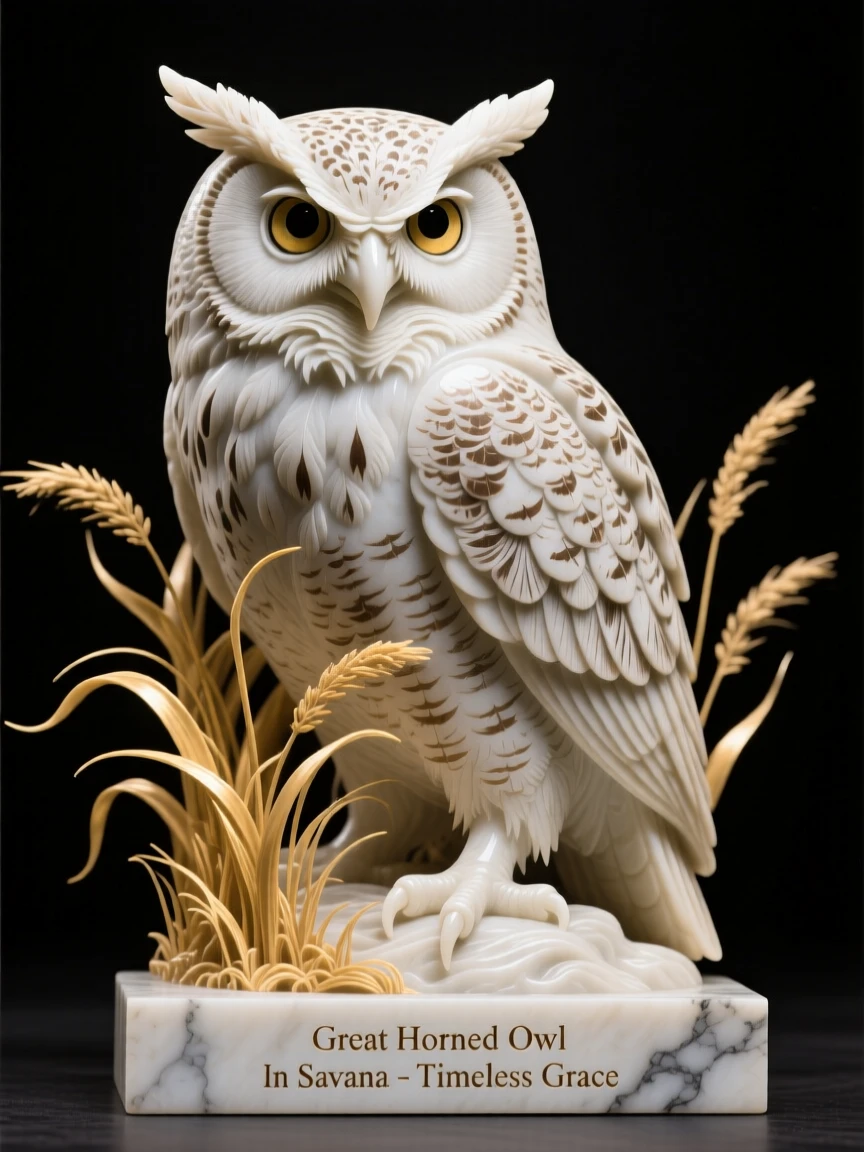 A striking close-up of a great horned owl, full of life and grace, in golden savanna grass