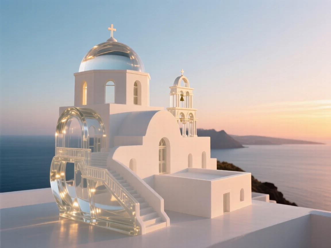 Santorini's white-domed buildings overlooking the sea, viewed from a dramatic low angle under a vivid sunset sky, warm golden light highlighting every architectural detail, awe-inspiring and grand.
