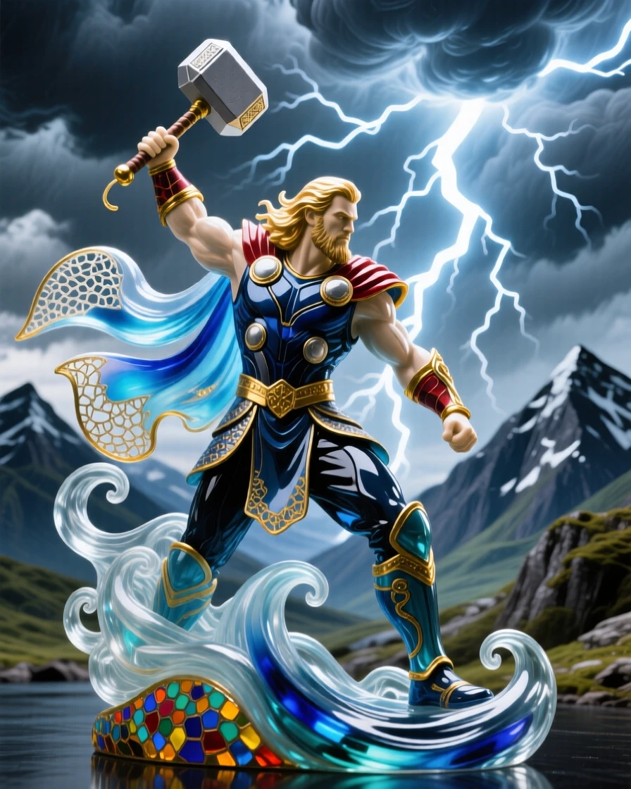 Thor swinging his hammer amid a raging thunderstorm over Nordic mountains, powerful and dynamic.