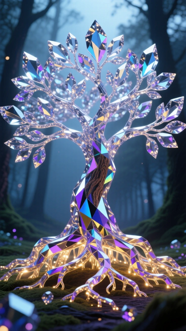 A colossal tree of life with glowing roots spreading across a magical twilight forest.