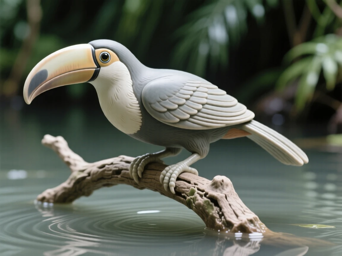 A toucan perched on a jungle branch caught gliding low over calm water, its feathers ruffled gently by the wind, stirring quiet joy and gentle wonder.