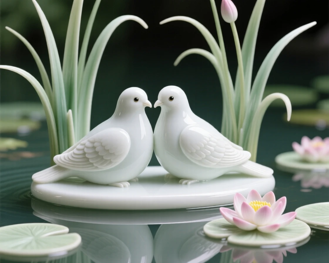 A pair of doves resting side by side in tall grass beside a lily-covered pond.