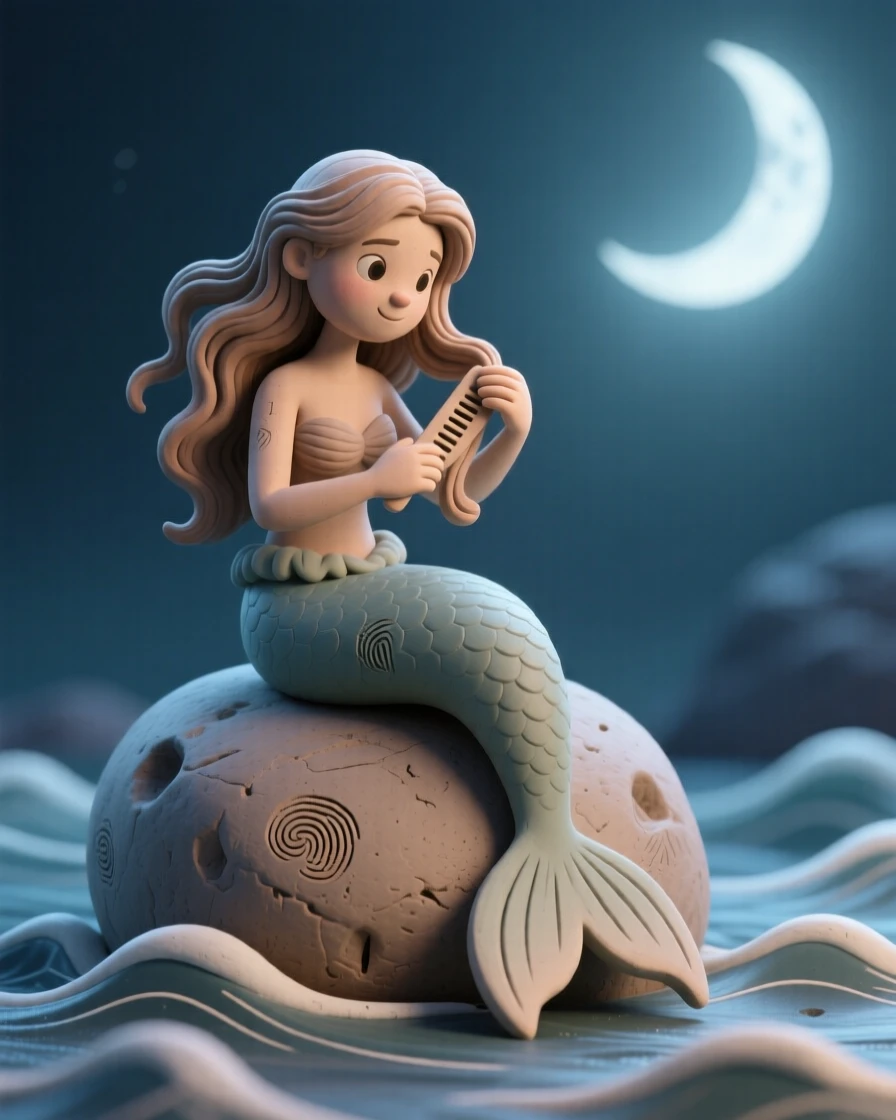 A mermaid combing her hair on a moonlit rock above gentle waves