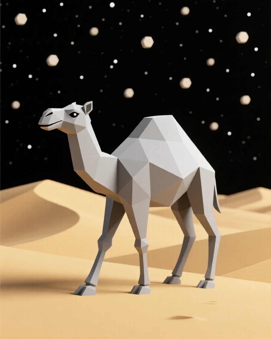 A camel walking across golden sand dunes, beneath a canopy of stars. the framing draws the eye directly to its gaze. A feeling of serenity washes over the moment.