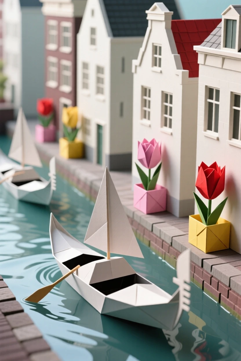 A gondola-filled canal in Amsterdam lined with narrow townhouses and blooming tulip boxes.
