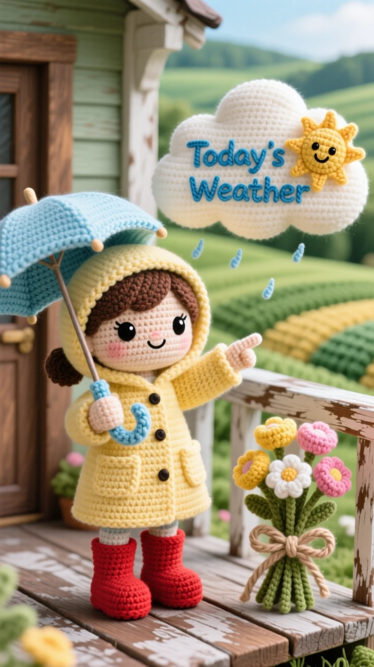 a little girl weather forecaster, with a small umbrella and rain boots, pointing at a cheerful cloud-shaped chart, in a rustic farmhouse porch overlooking rolling fields, with a bundle of fresh flowers tied with twine nearby, conveying bright-eyed enthusiasm for a beloved craft.