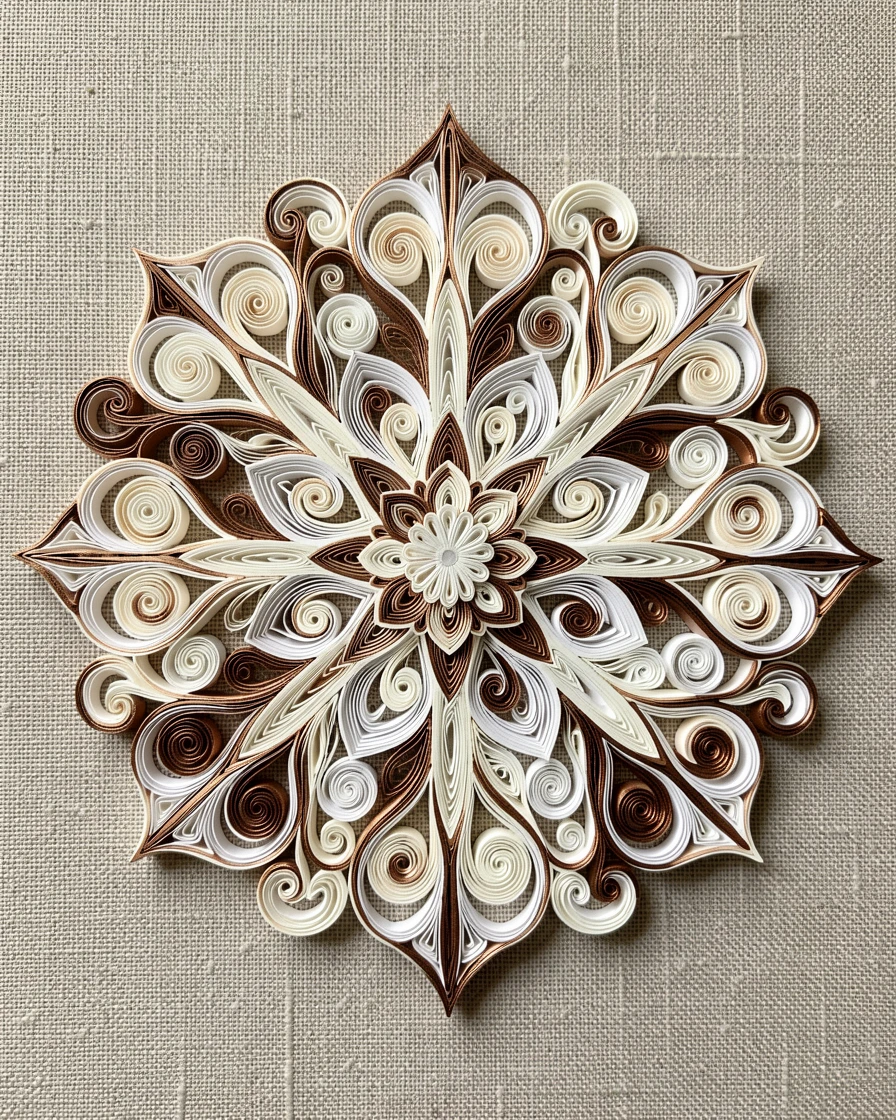 An elegant design featuring an ornate mandala radiating from a central rosette, flowing in soft organic curves throughout, highlighted with metallic bronze accents, displayed on a textured linen backdrop.
