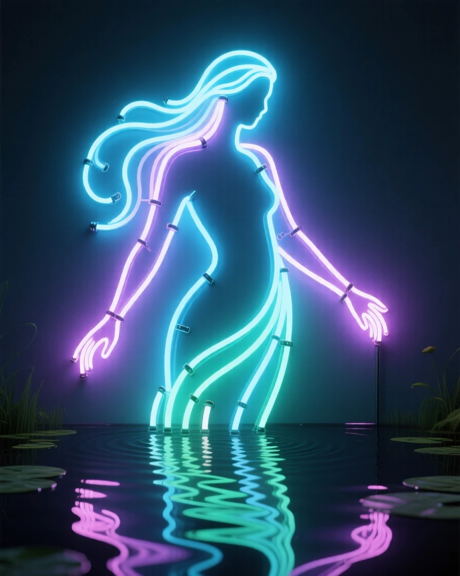A water spirit rising gracefully from the surface of a still pond.