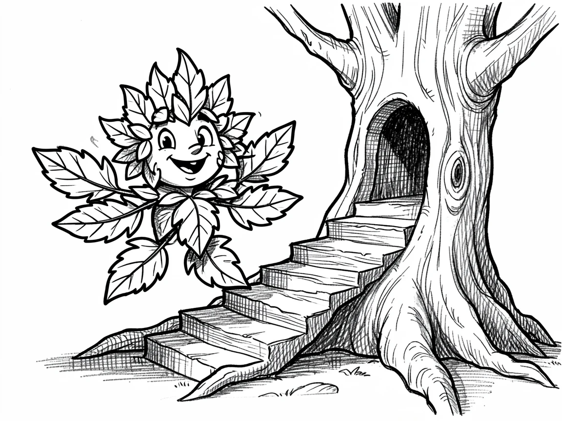 A friendly forest spirit made of leaves beside a spiral staircase carved into a tree.