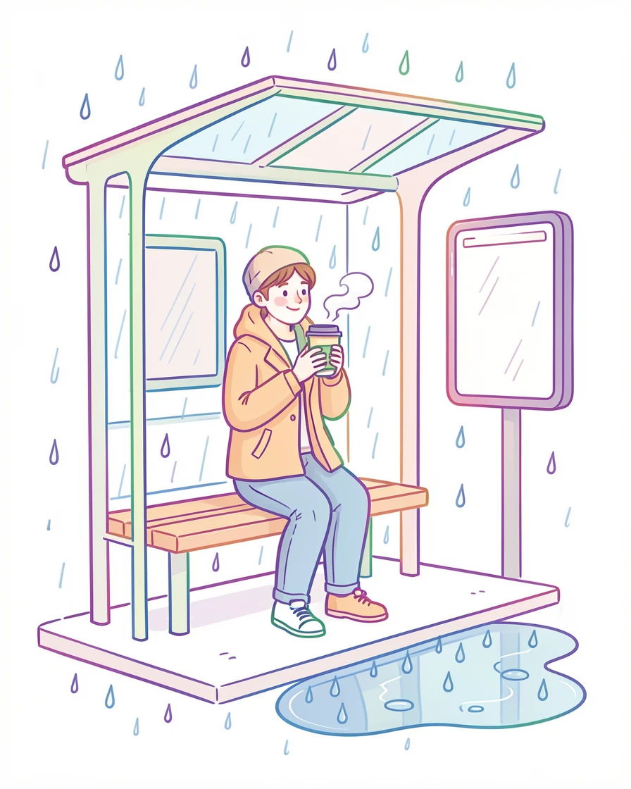 A commuter sipping coffee while waiting at a rain-speckled bus stop.