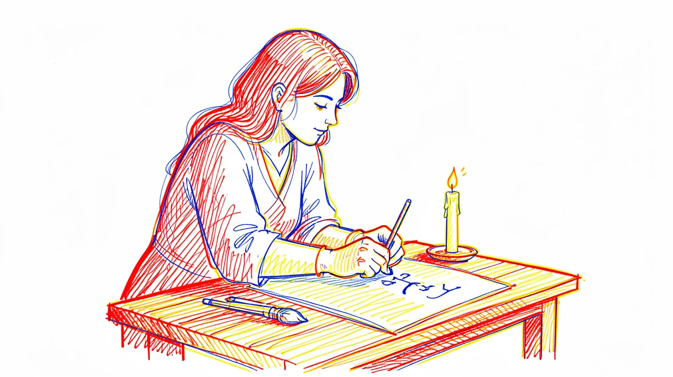 A woman practicing calligraphy at a low wooden desk by candlelight