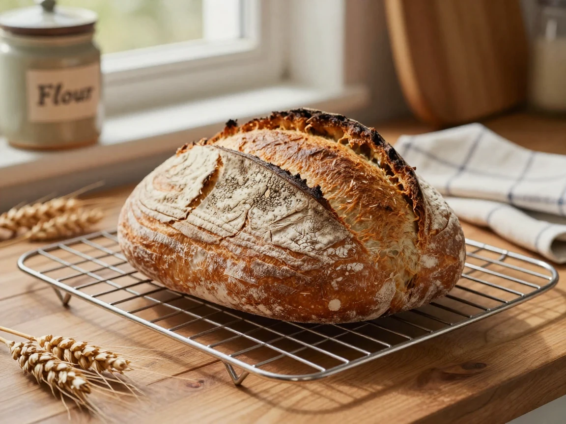 A rustic loaf of sourdough bread cooling on a rack