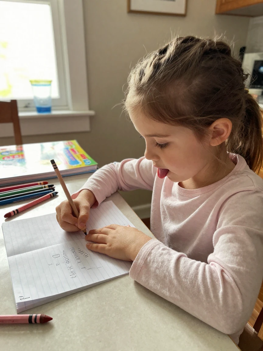 A little girl practices her handwriting, tongue poking out in concentration.