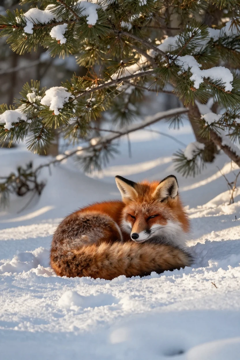 A red fox curled up asleep in a bed of fresh snow beneath pine branches