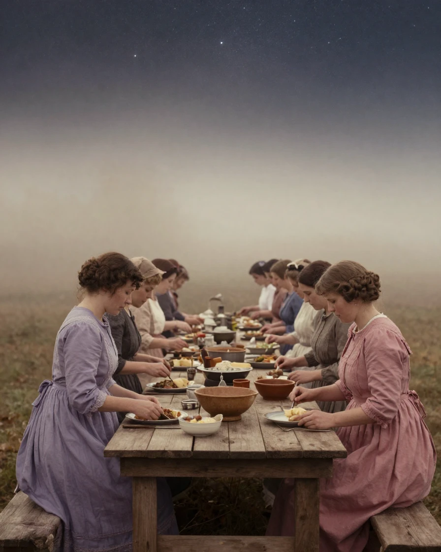 Women in traditional dress preparing food for a communal feast, under a canopy of stars, in thick rolling fog, in the mild days of early autumn, in dusty lavender and rose tones, framed symmetrically down a long corridor.