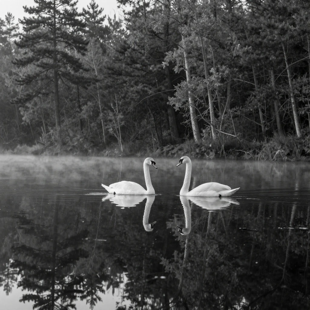 A pair of swans glides gracefully across a still lake on a calm forest lake.