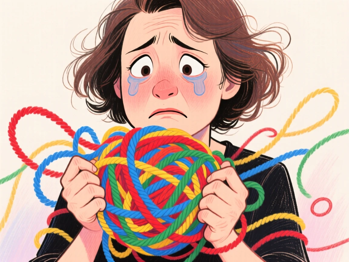A woman holding a tangled mess of yarn with a defeated expression.