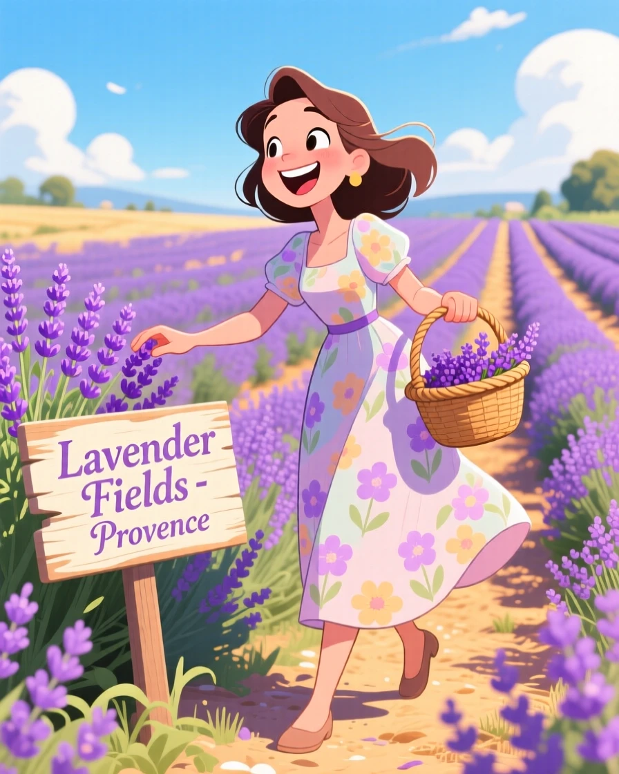 An aspirational lifestyle scene of a woman in a flowing sundress picking fresh lavender in a sun-drenched Provence field.