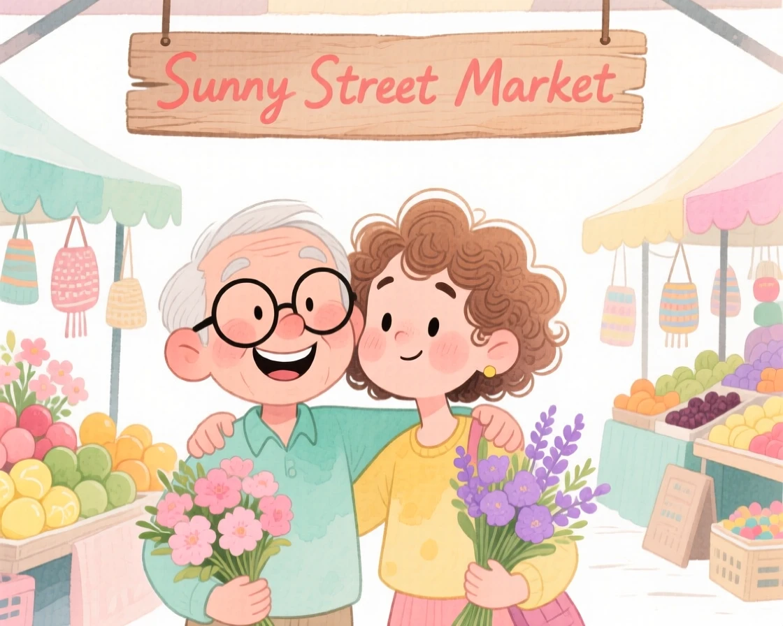 Two lifelong best friends posing together at a colorful street market