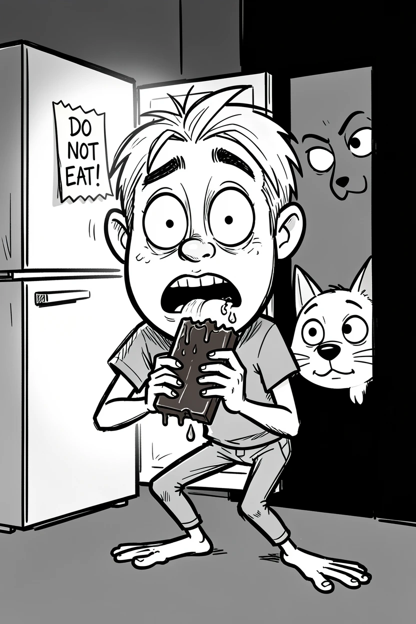 [Funny & Exaggerated Situations] Comical scene of a person sneaking a midnight snack and getting caught red-handed, exaggerated for maximum laughs