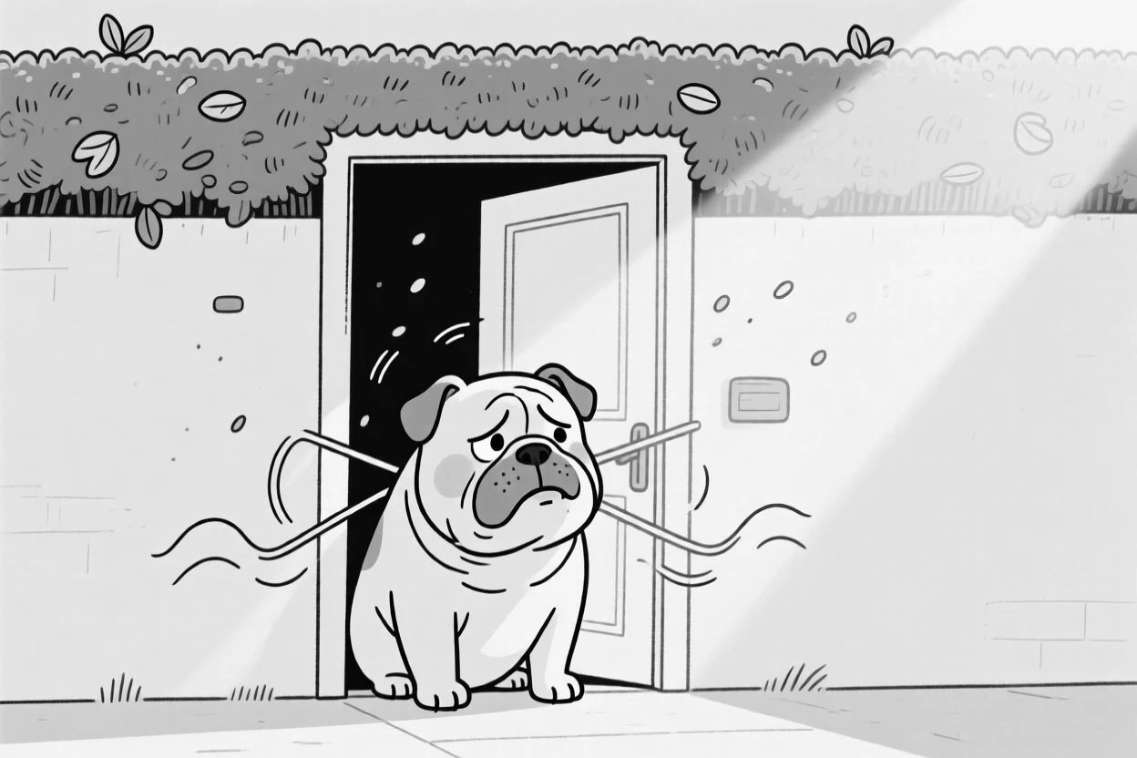 A stubborn bulldog refusing to move from a doorway, shivering with an embarrassed expression, set under a garden hedge. Dust motes float in a beam of afternoon sun. The image radiates pure comic affection.