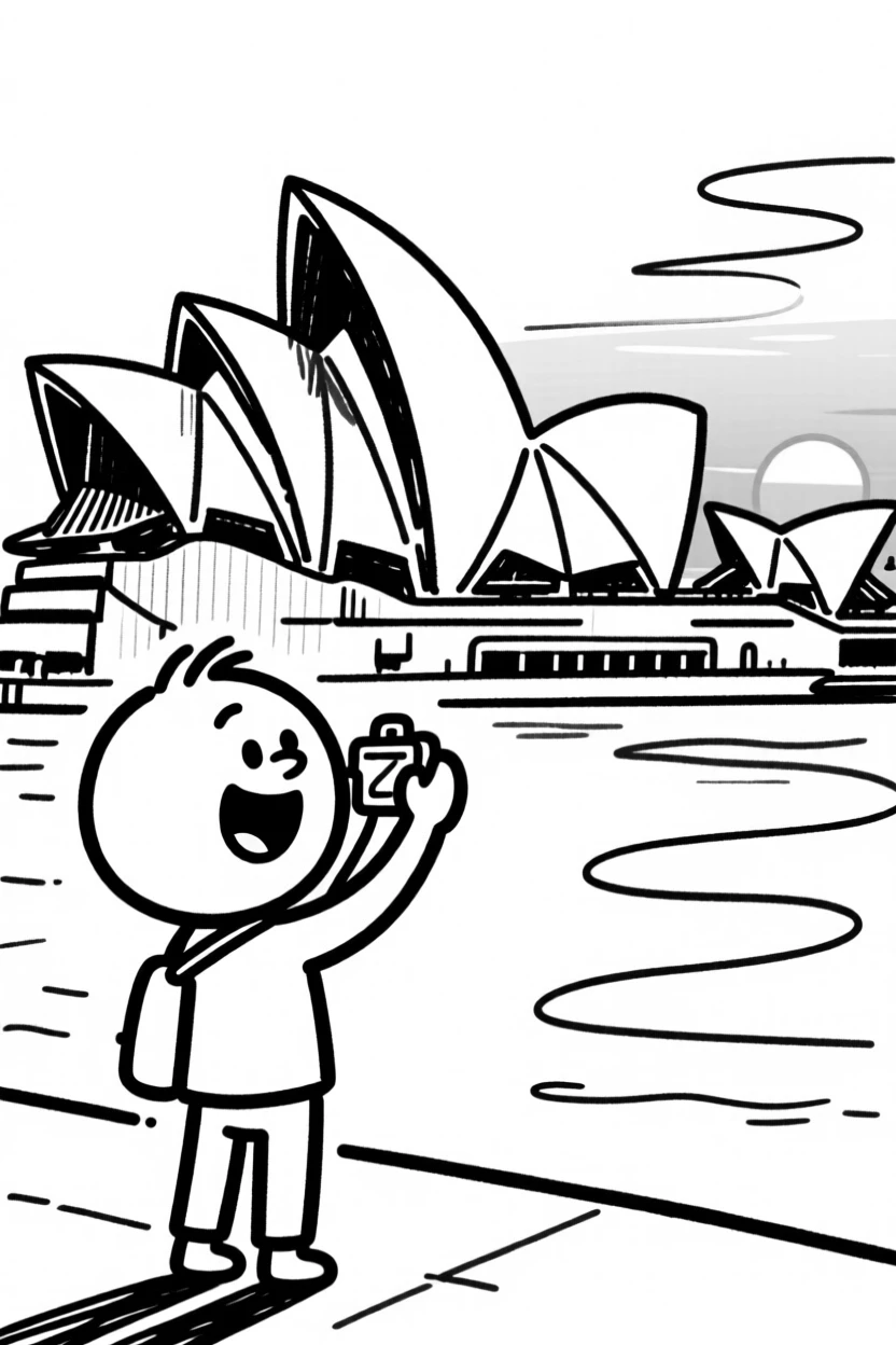 A tourist snapping a photo in front of the Sydney Opera House at sunset.