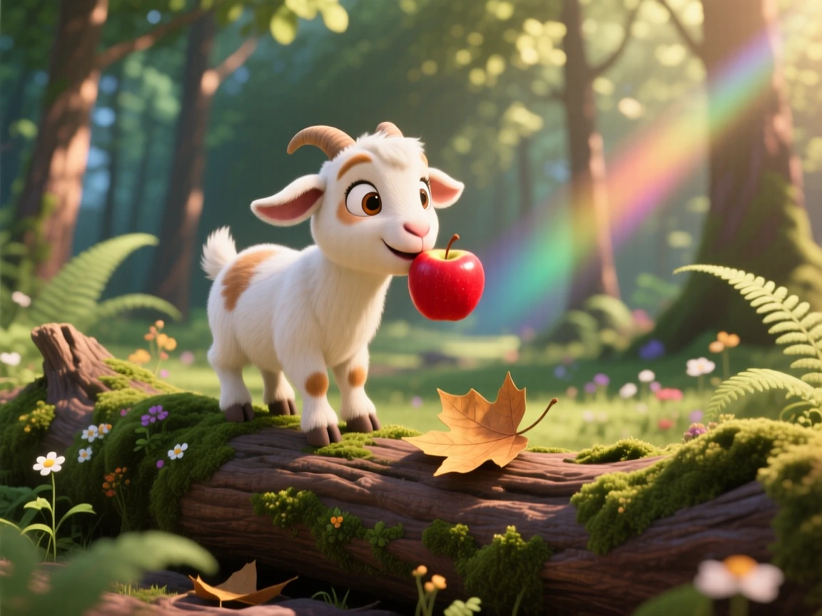 A small pygmy goat is perched on a mossy log in a quiet forest, nibbling on a piece of fruit. The mood is soft, tender, and endearing, with a single fallen leaf beside it.
