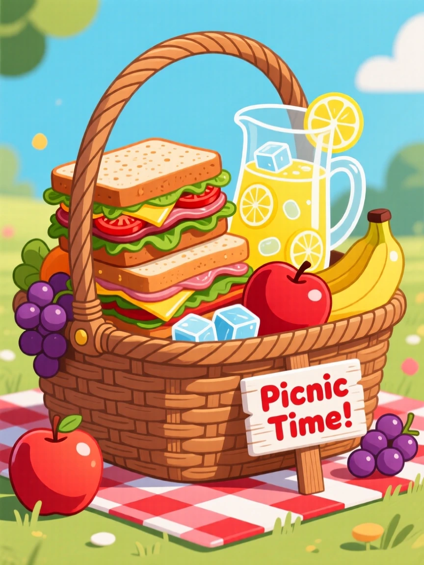 A picnic basket overflowing with sandwiches, fruit, and lemonade.