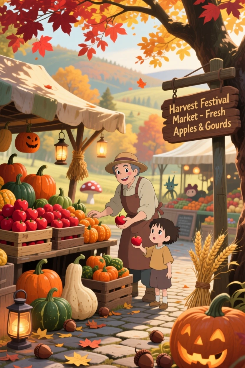 A autumn scene of a farmer's market stacked with apples and gourds, as small details of the season fill every corner.