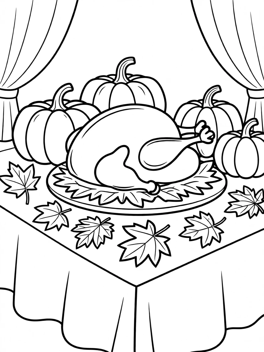 A Thanksgiving table set with a turkey, pumpkins, and autumn leaves