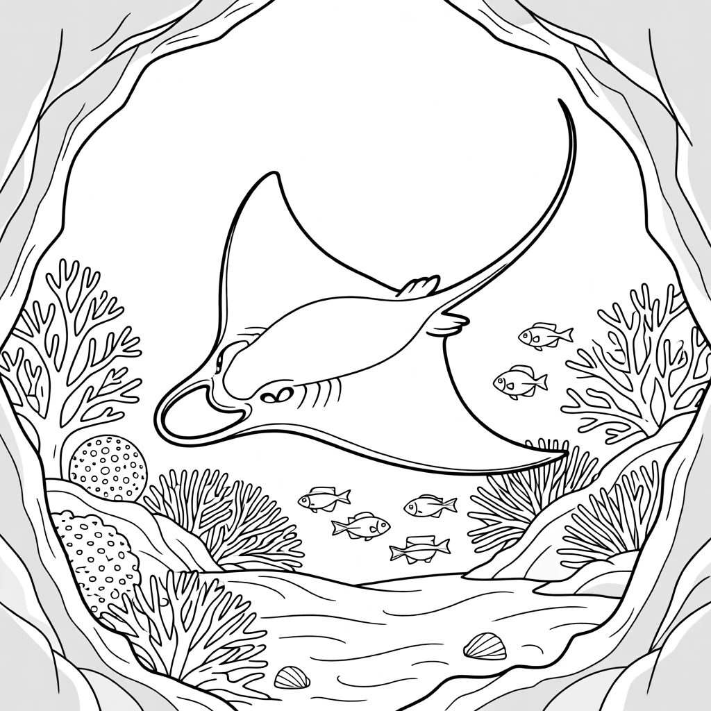 A stingray gliding over sand swimming through a coral reef, framed by jagged rock formations.
