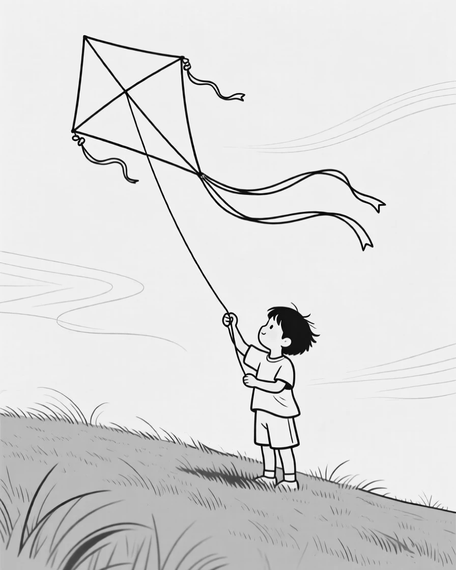 A child flying a kite on a windy hillside