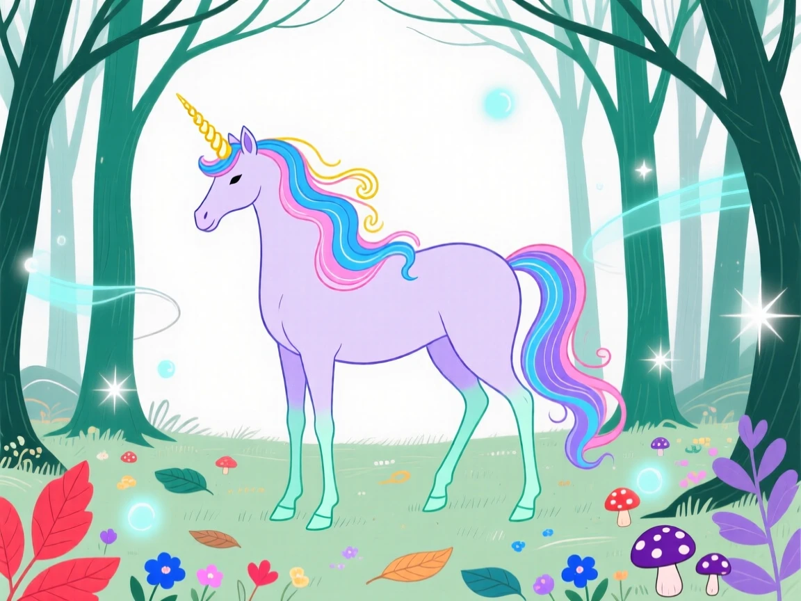 A unicorn standing in an enchanted glowing forest clearing.