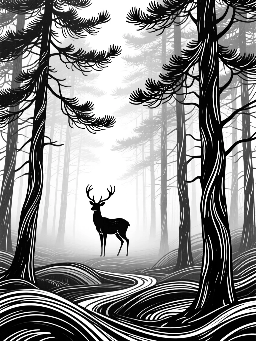 A dense foggy pine forest with a single deer visible in the mist.