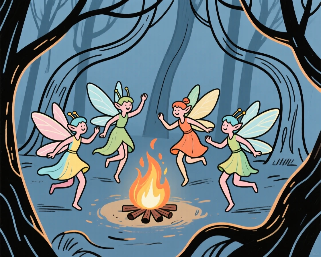 A band of pixies dancing around a glowing campfire in the woods.