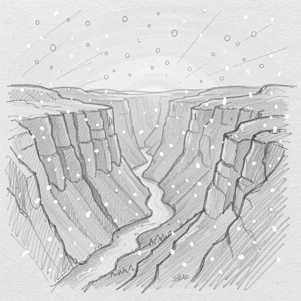 A canyon carved by an ancient river, glowing under the last light of sunset, with snow gently falling.